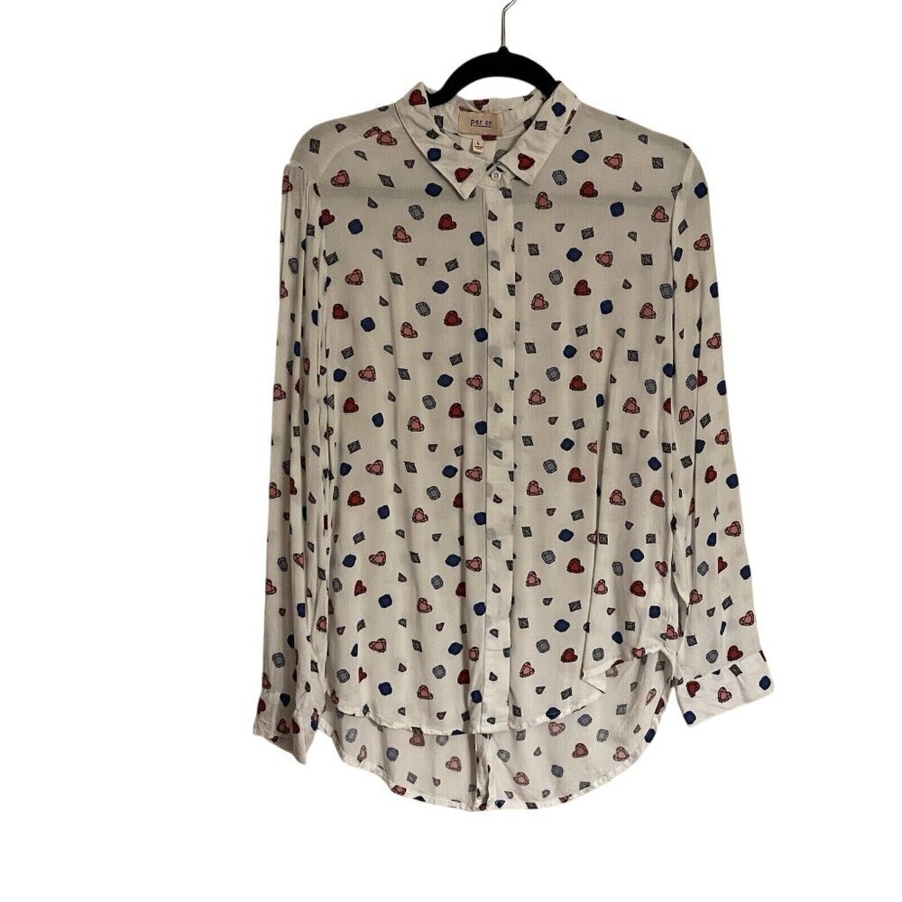 Per Se Women L White Heart Diamond Print Long Sleeve Button Front Tunic Shirt